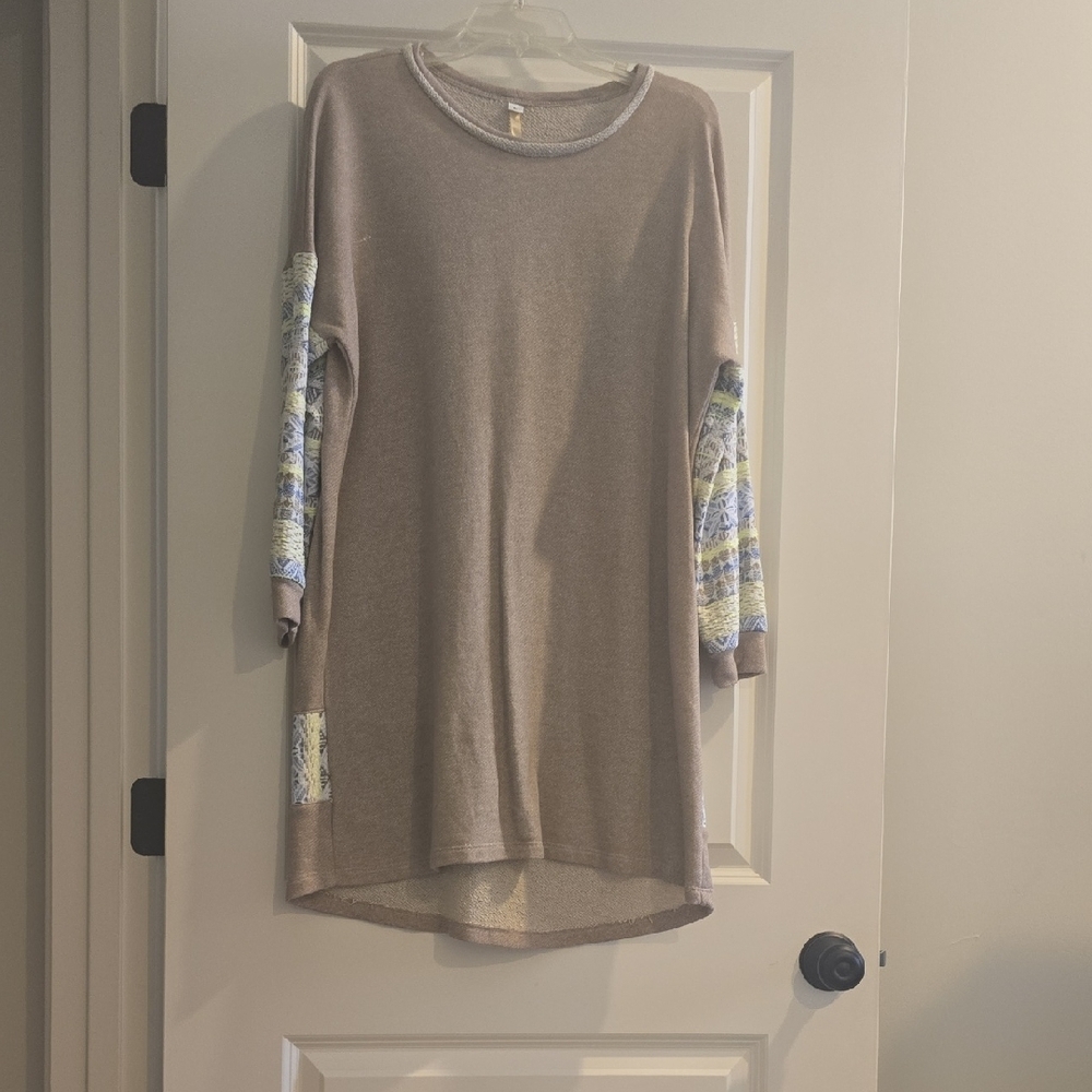 Uncle Frank Tan Dress with Multicolor Sleeves